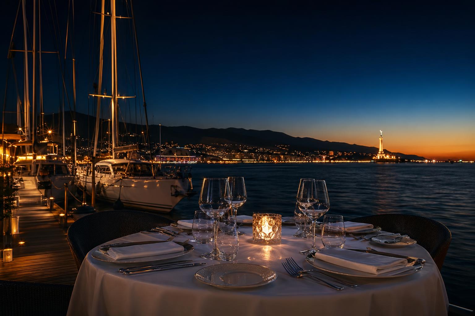 Tavolo elegante del Marina del Nettuno con vista sullo Stretto di Messina al tramonto, yacht ormeggiati e luci della Madonnina